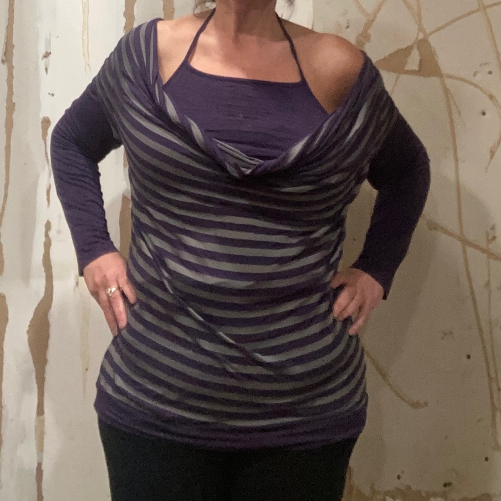 Purple and Gray Striped Long Sleeve Shirt